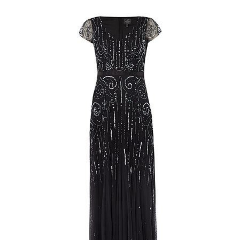 Adrianna Papell long, v-neck sequined dress.